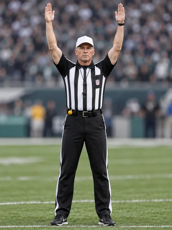 Schiedsrichter zeigt das Touchdown-Zeichen mit beiden Armen senkrecht nach oben